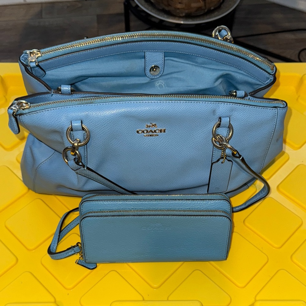 Coach Sky Blue Leather Satchel & wallet